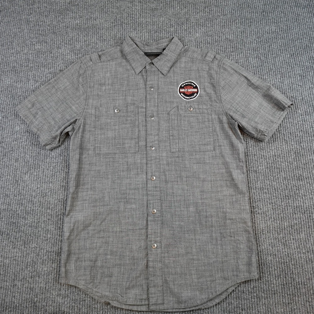 Harley-Davidson Shirt Mens Medium Gray Chambray Short Sleeve Button-Up Graphic